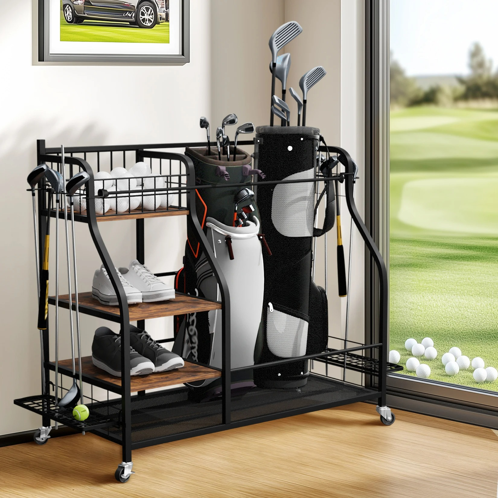 Golf Equipment Holder - Multifunctional Rolling Golf Bags Storage Shelf